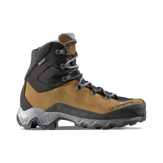 The La Sportiva Aequilibrium Trek GTX Women's boots feature a brown and black design with gray laces, rugged tread, side branding, and excellent ankle support—ideal hiking boots for outdoor adventures.