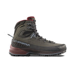 The La Sportiva TX5 EVO Mid GTX Women's hiking boot features a dark green and black design with red accents, Nubuck leather, Gore-Tex waterproofing, high ankle support, sturdy sole, metal eyelets, laces, rugged tread, and side branding.