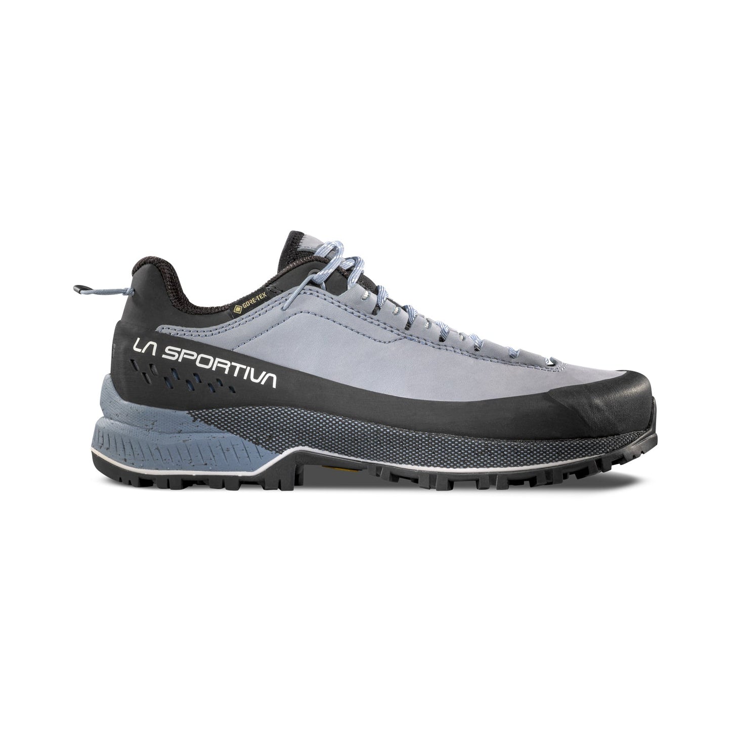 A side view of the La Sportiva TX5 EVO GTX Women's shoe in grey and black, featuring a rugged sole, lace-up design, and Gore-Tex label near the ankle for lightweight hiking comfort.