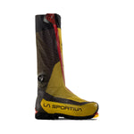 The La Sportiva Olympus Mons Pro is a lightweight, high-altitude mountaineering boot with a tall integrated gaiter in yellow with black and red accents, featuring the LA SPORTIVA logo—ideal for demanding alpine conditions.