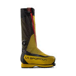 The La Sportiva Olympus Mons S is a yellow and black lightweight mountaineering boot with a front zipper, designed for extreme cold and rugged mountain conditions.