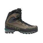 The La Sportiva Trango Alpine GTX hiking boot features brown and black colors, rugged soles, high ankle support, black laces, and yellow La Sportiva branding. Built for outdoor adventures on rough terrain and alpine peaks.