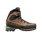 The La Sportiva Trango Alpine Women's GTX is a brown and black hiking boot with green laces, a rugged sole, and high ankle support—perfect for those seeking reliable women's climbing boots.