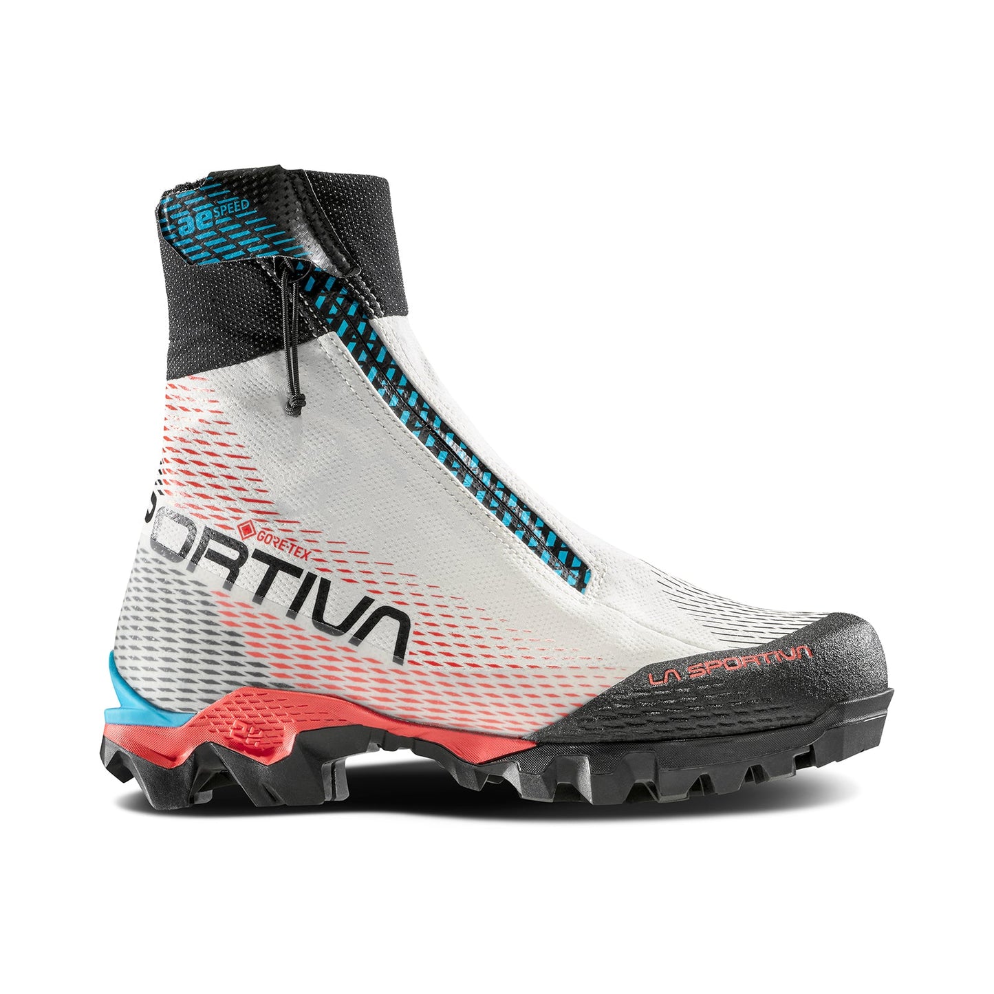 The La Sportiva Aequilibrium Speed GTX Women's is a lightweight, high-cut mountaineering shoe with a waterproof front zipper, crampon-compatible sole, blue and red accents, textured ankle fabric, black pull tab, and “La Sportiva” branding.
