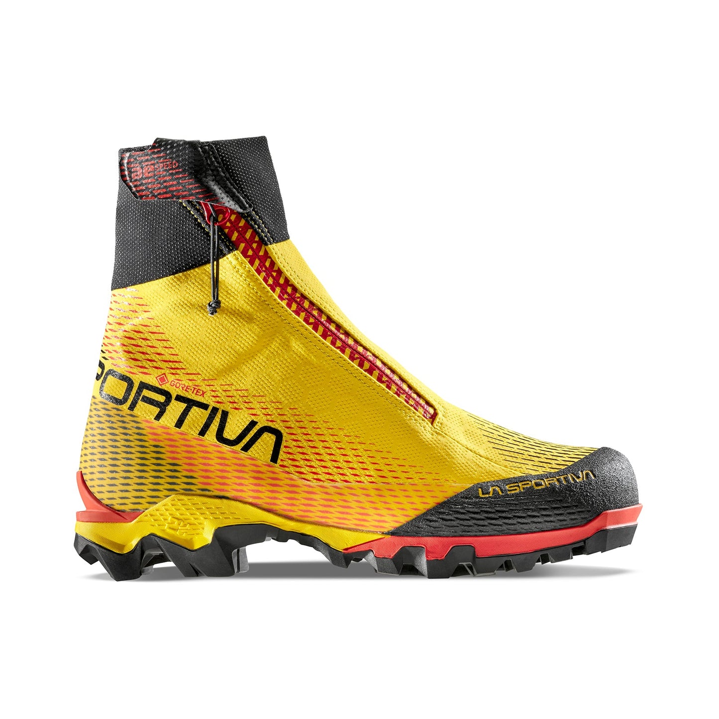 The La Sportiva Aequilibrium Speed GTX is a yellow and black high-ankle trail running shoe with a front zipper, textured sole, and red accents. This lightweight mountaineering shoe offers rugged design for outdoor terrains.