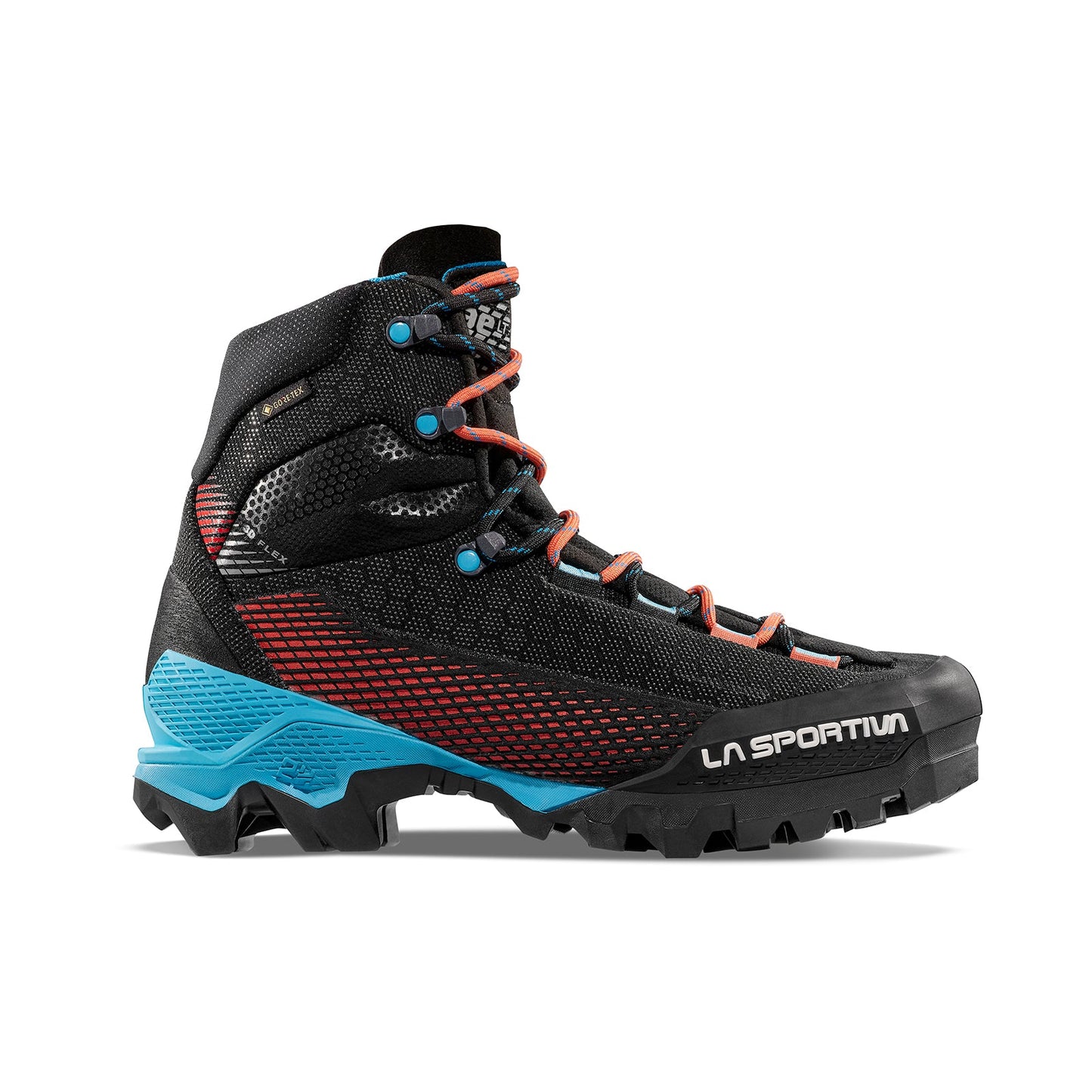 The La Sportiva Aequilibrium ST GTX Women's boot is black with blue accents, red laces, a rugged sole, and a high ankle. This ultralight mountaineering boot is designed for elite mountain performance and includes modern technical details.