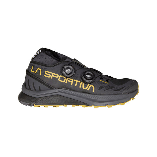 The La Sportiva Jackal II BOA is a black and yellow mountain running shoe with dual BOA Fit System dials for adjustable fit, ideal for ultra-long distance adventures.