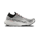 The La Sportiva Prodigio Pro is a gray and white trail running shoe with black laces, a black heel, LA SPORTIVA side branding, and a thick cushioned sole. Designed for ultra runners, it offers modern style and breathable comfort.