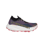 The La Sportiva Prodigio Pro Women's trail running shoe features a multicolored upper in black, purple, and pink, with yellow branding, black laces, and a white sole with pink tread.