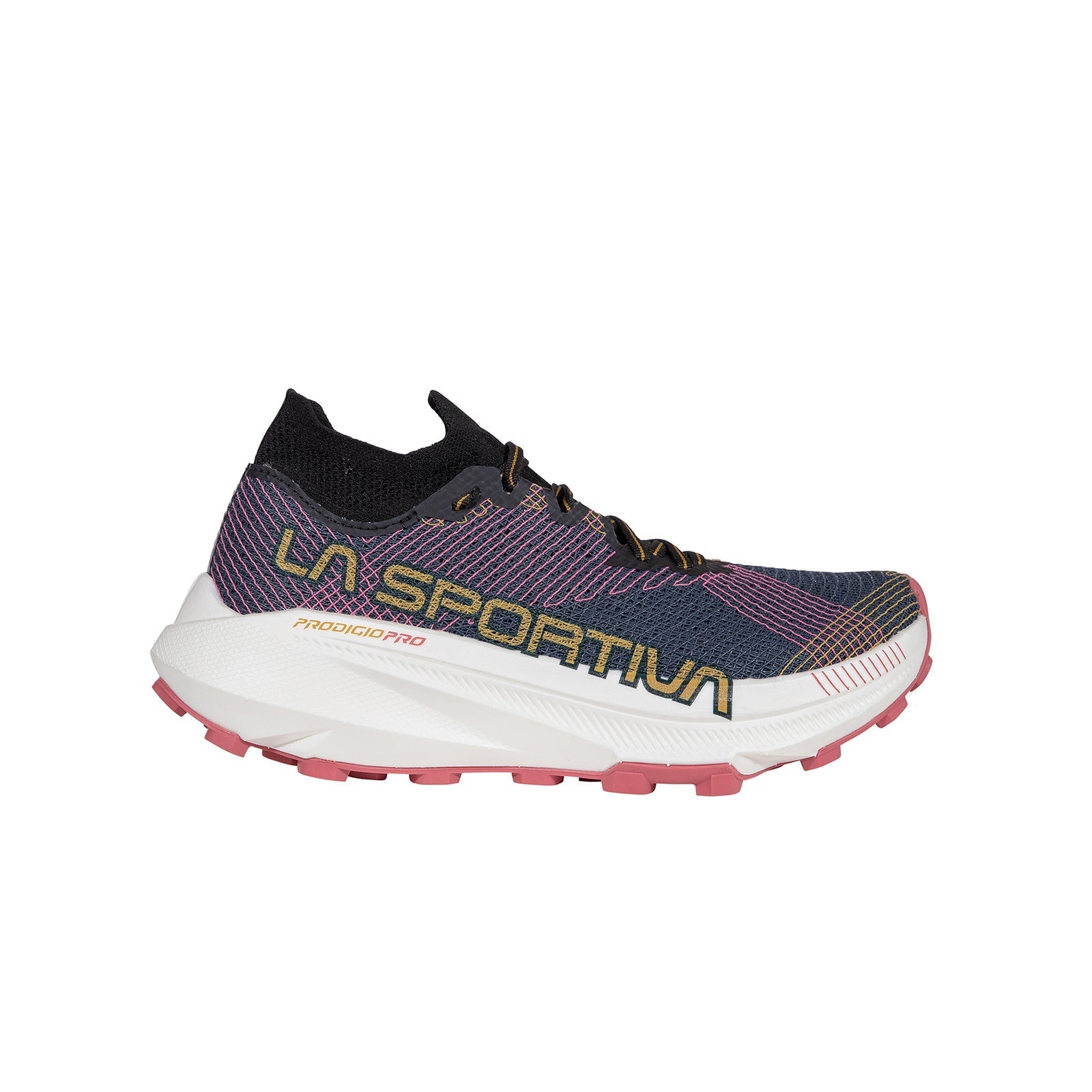 The La Sportiva Prodigio Pro Women's trail running shoe features a multicolored upper in black, purple, and pink, with yellow branding, black laces, and a white sole with pink tread.