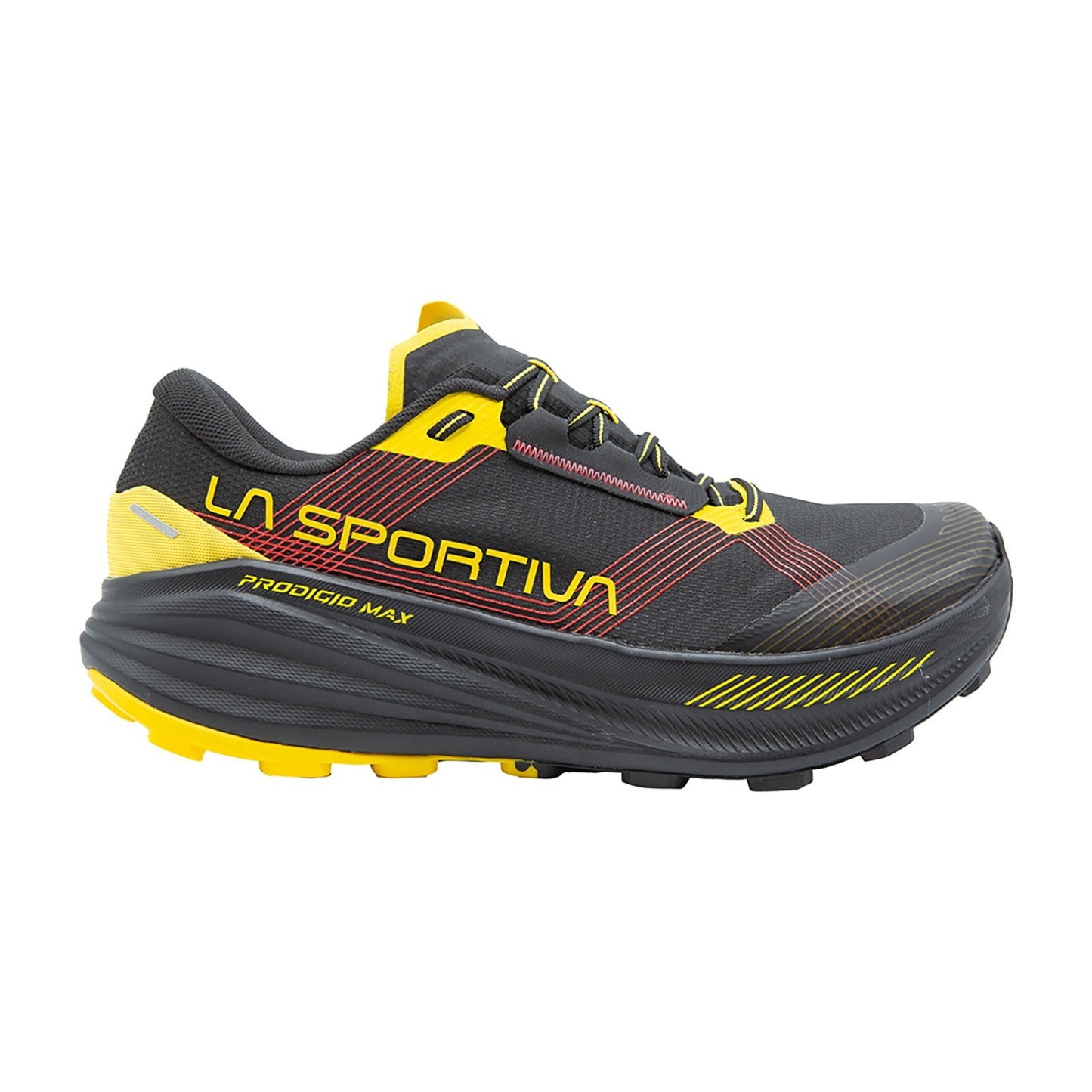 The La Sportiva Prodigio Max is a black and yellow ultra-distance trail shoe with "LA SPORTIVA" and "PRODIGIO MX" on the side, Super Critical cushioning in a thick sole, and red accents for maximum comfort on long runs.