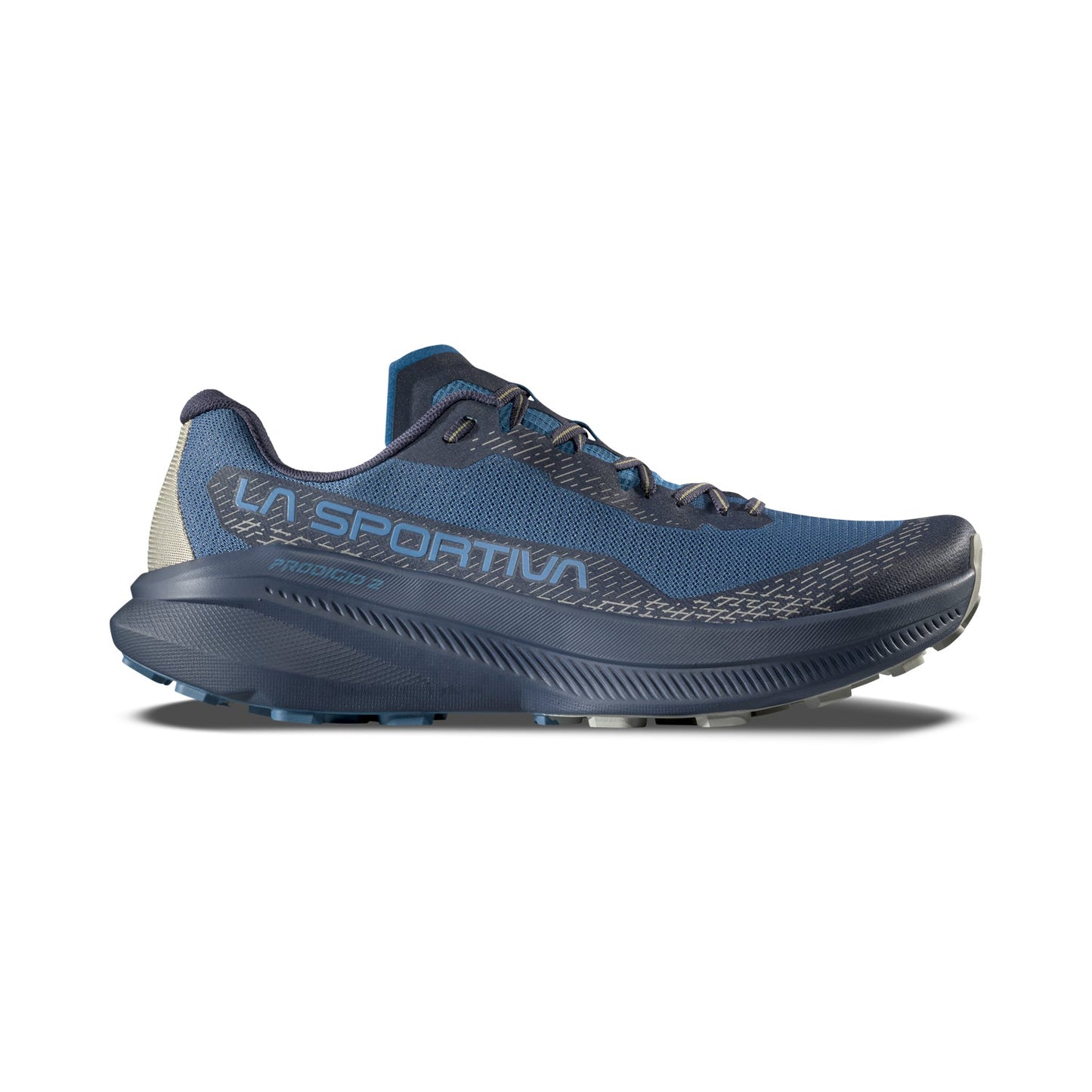 A blue and gray La Sportiva Prodigio 2 running shoe is shown in side view on a white background, featuring a mesh upper, cushioned sole, and LA SPORTIVA branding—perfect for daily training.
