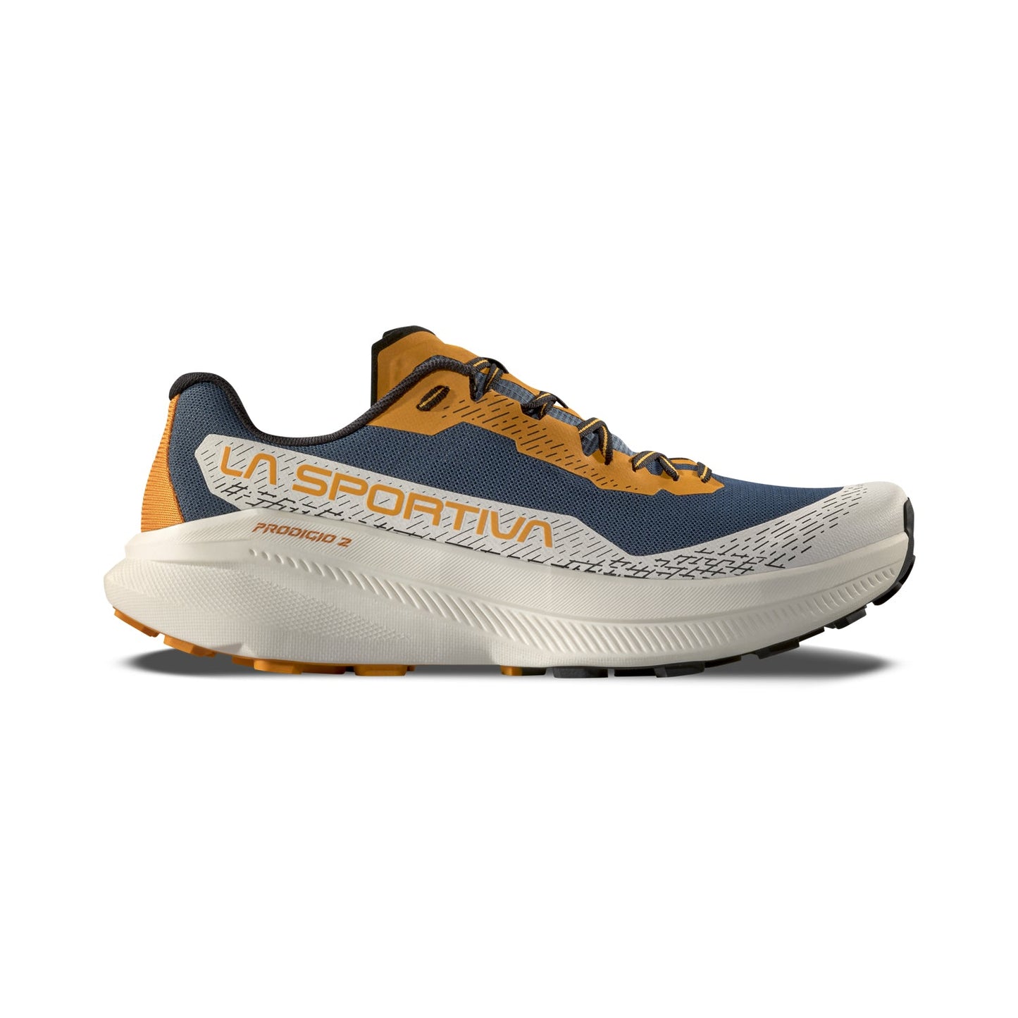 The La Sportiva Prodigio 2 is a blue, orange, and white running shoe featuring a mesh upper, lace-up closure, and thick cushioned sole—perfect for daily training—shown from the side.