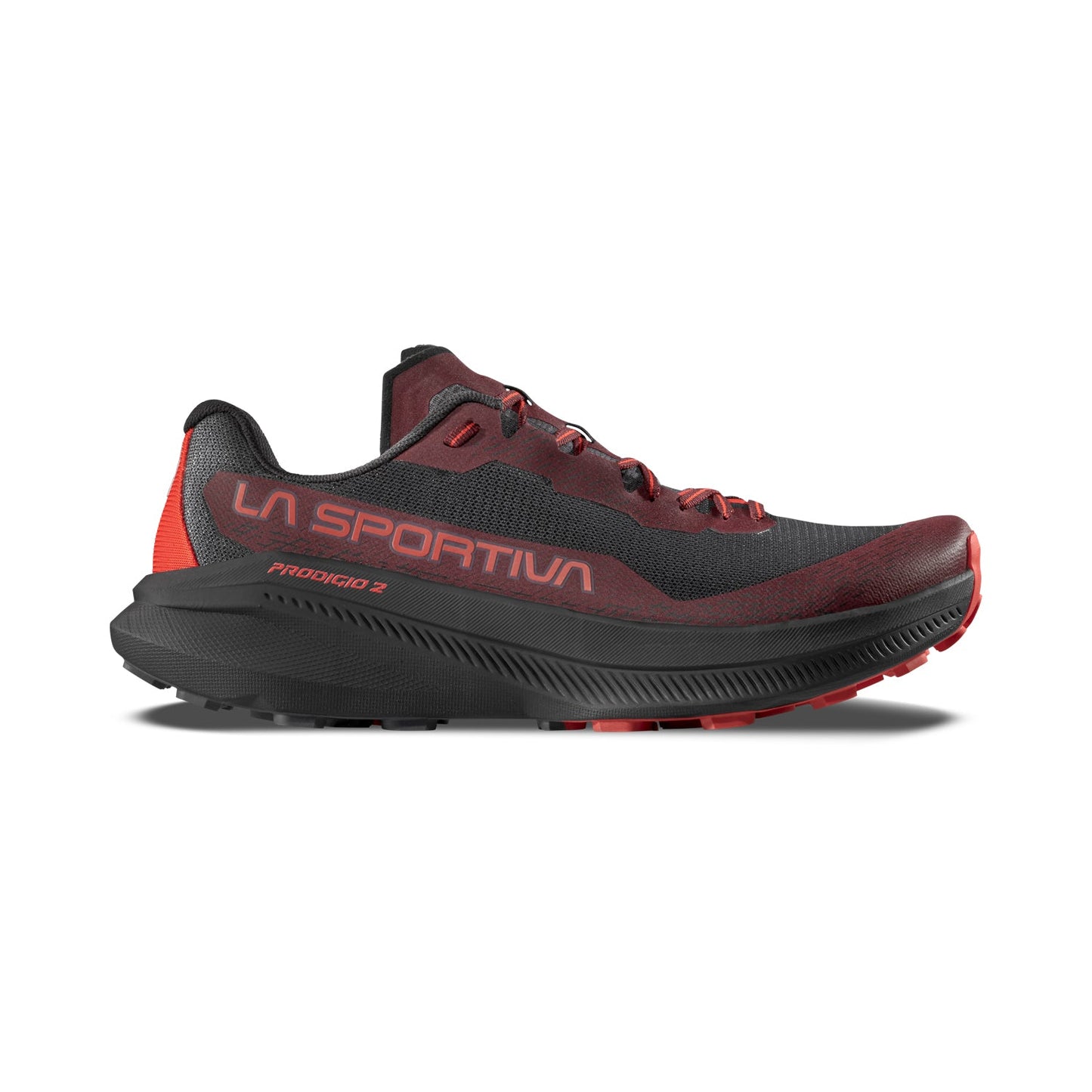The La Sportiva Prodigio 2 is a black and dark red running shoe with bold branding, a breathable mesh upper, and a textured sole—perfect for daily training.