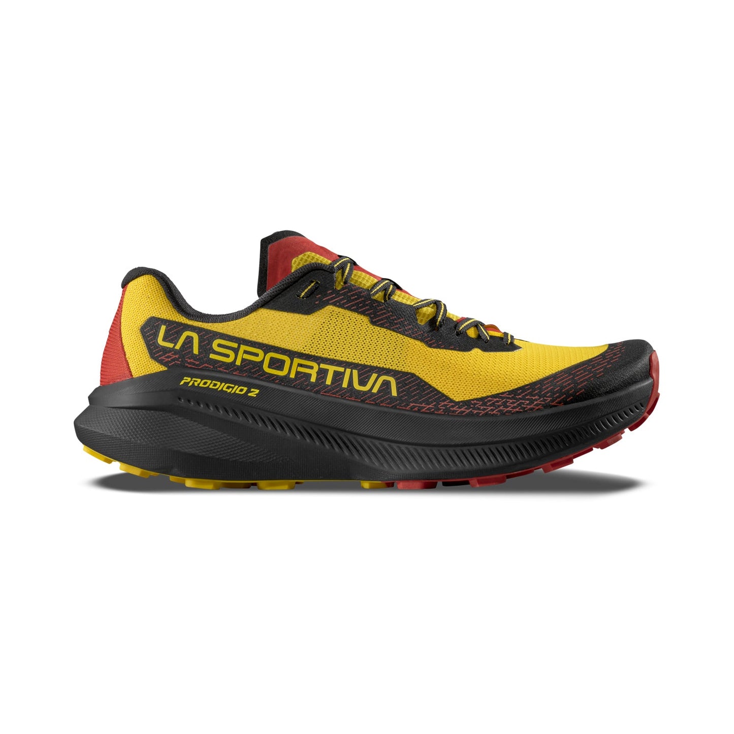 The La Sportiva Prodigio 2 is a yellow and black running shoe with red accents, a thick sole, and rugged tread—perfect for daily trail training.