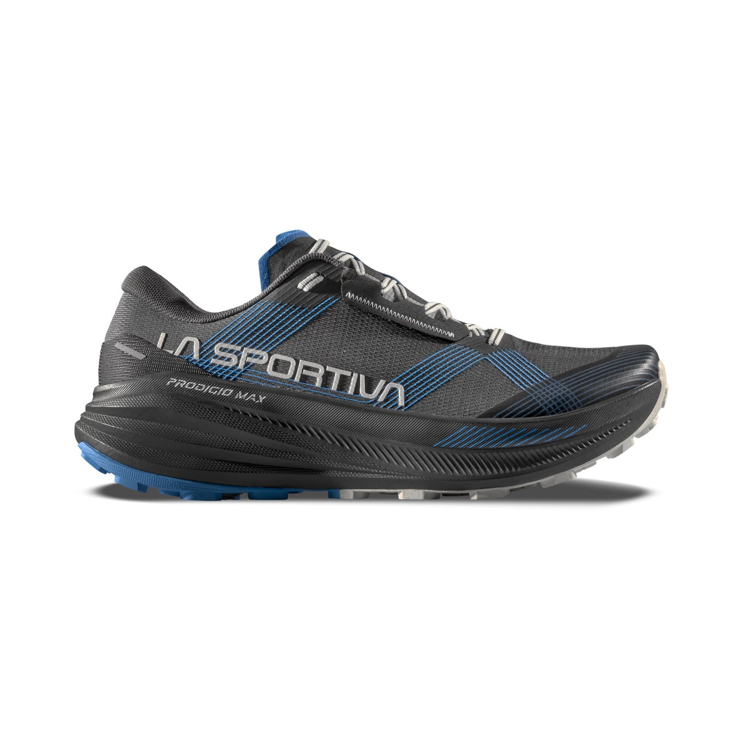 A black and blue La Sportiva Prodigio Max Women's running shoe with max-cushion support, featuring the brand name on the side and "Prodigio Max" by the heel. Displayed in a side profile view against a white background.