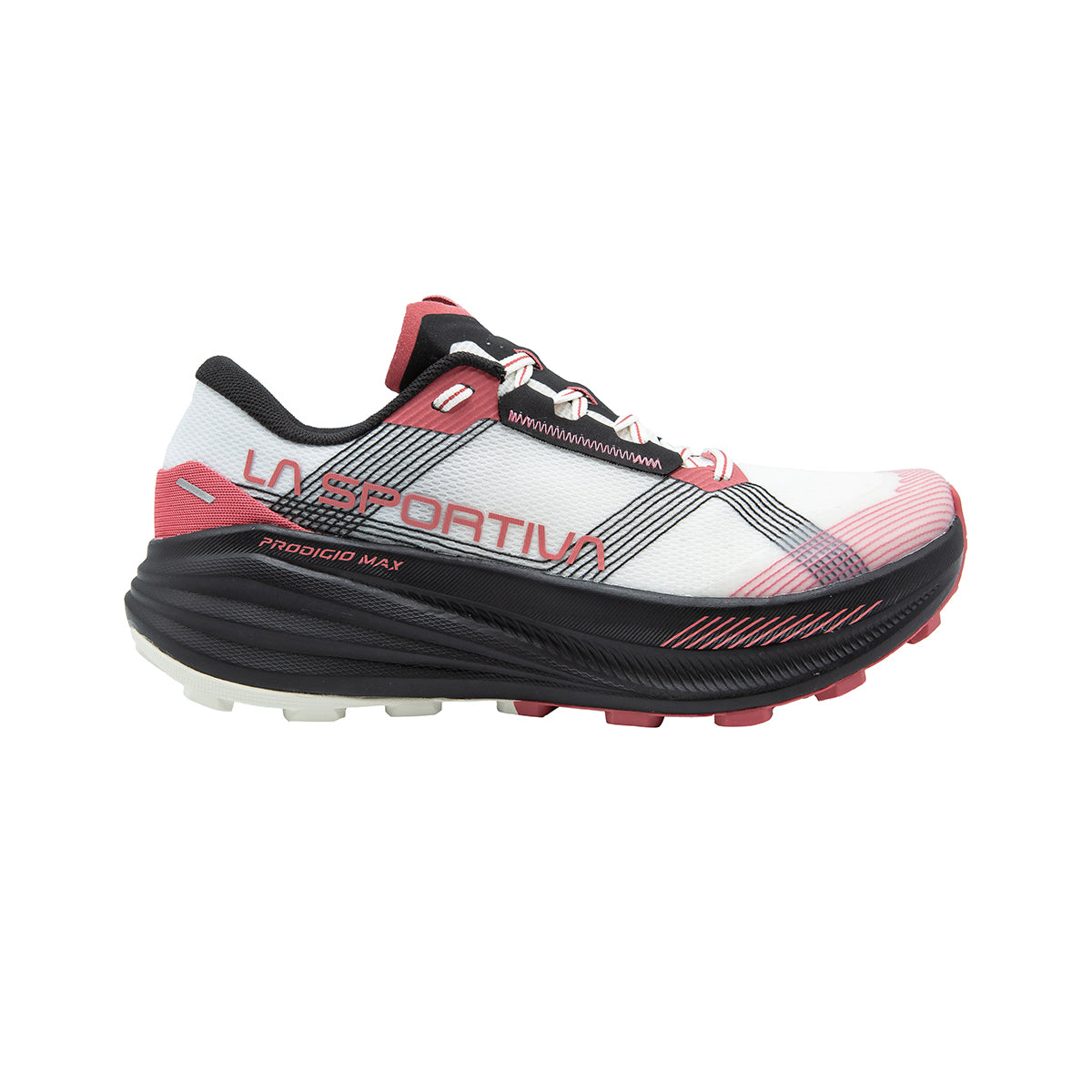 The La Sportiva Prodigio Max Women's trail running shoe, in white, black, and red, offers max-cushion support, a rugged treaded sole, and lace-up closure—perfect for ultra-distance trail runs and outdoor adventures.