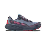 The La Sportiva Prodigio 2 Women's trail running shoe features a gray and dark blue design with red accents and branding, plus a cushioned sole and mesh upper for comfortable daily training.