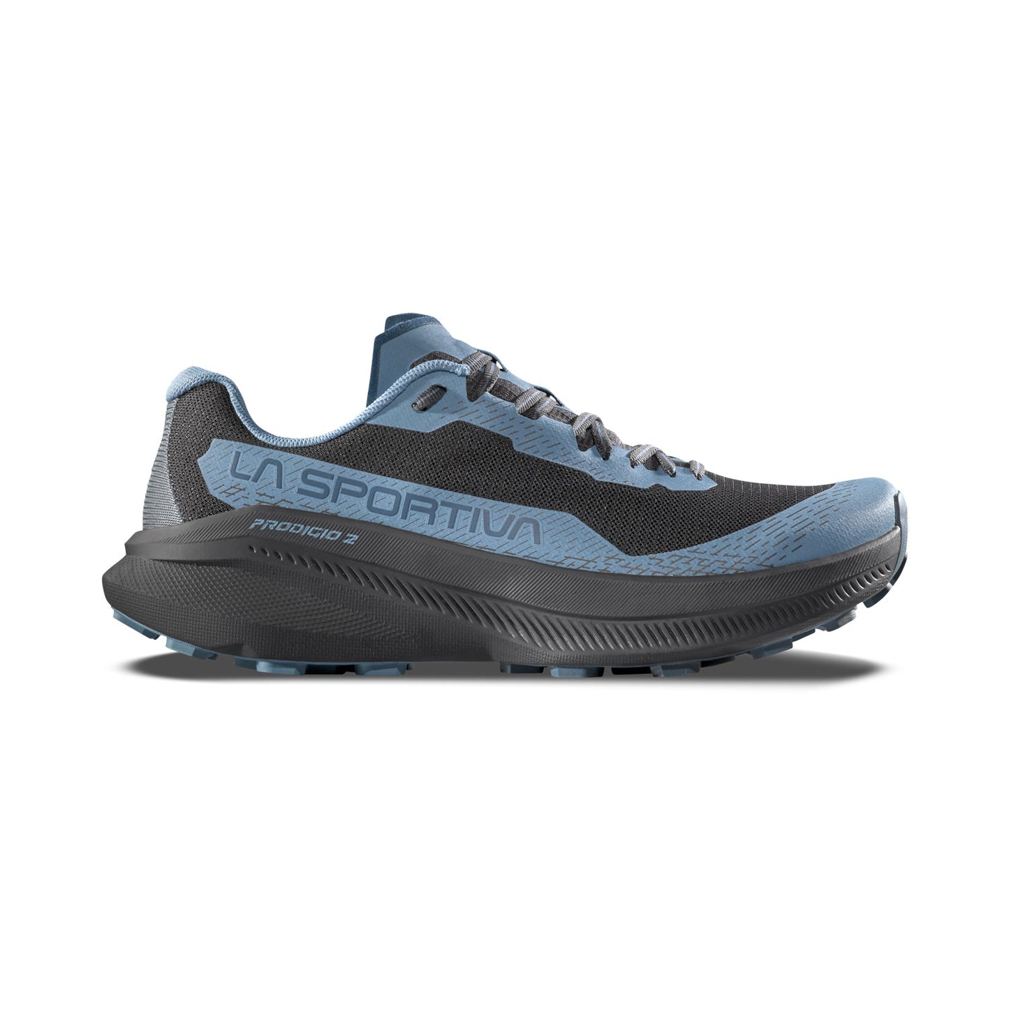 A blue and black La Sportiva Prodigio 2 Women's running shoe, side view, with mesh upper, laces, and a rugged sole—perfect for trail adventures or daily training.