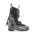 The La Sportiva Kilo XTR ski boot, shown in gray with black buckles and adjustable straps, features reinforced ankle support and a Pebax Rnew shell for improved downhill performance, displayed from the side on a white background.