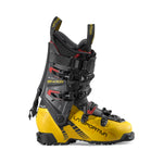 The La Sportiva Sender is a yellow and black alpine touring boot with multiple buckles, designed for alpine or backcountry skiing. Lightweight and ideal for freeride touring adventures, the Sender features signature La Sportiva branding.