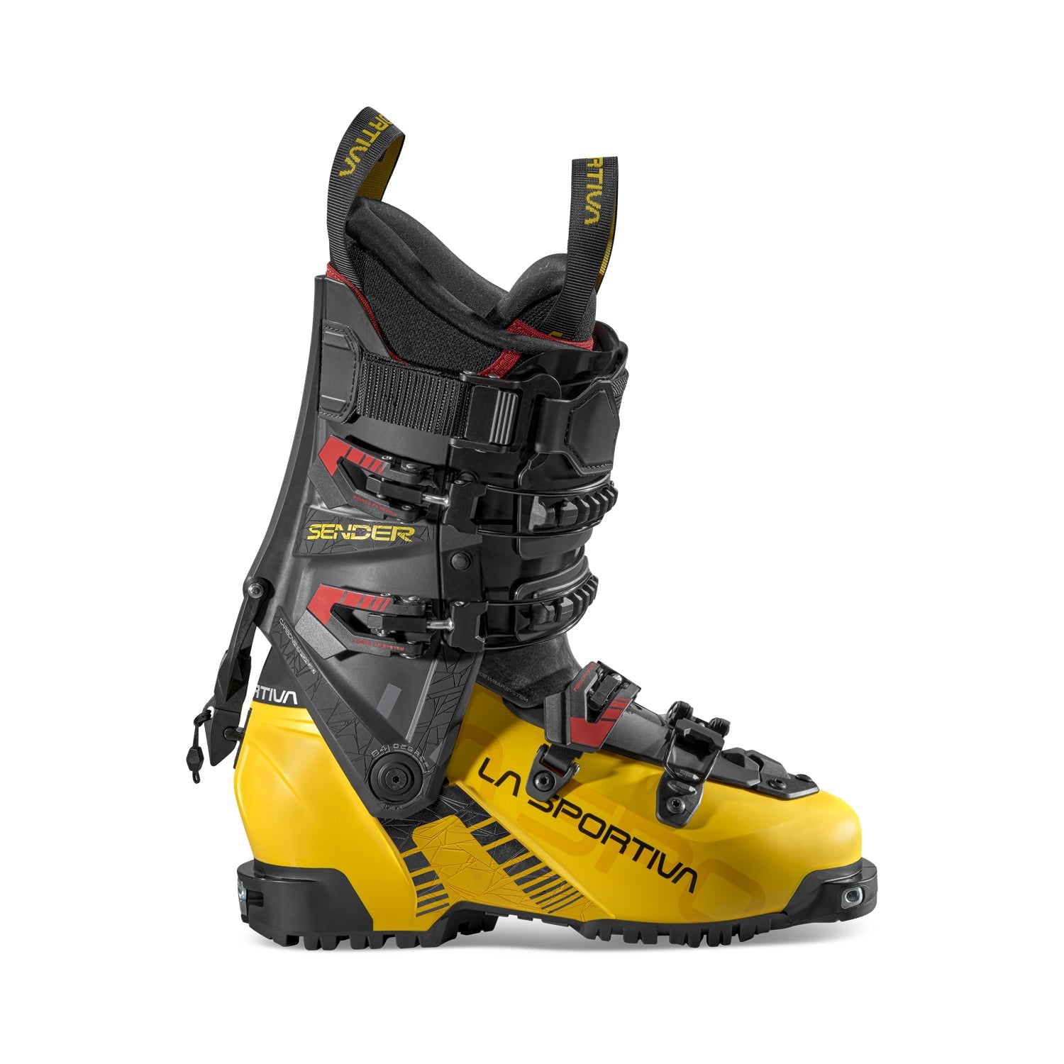 The La Sportiva Sender is a yellow and black alpine touring boot with multiple buckles, designed for alpine or backcountry skiing. Lightweight and ideal for freeride touring adventures, the Sender features signature La Sportiva branding.