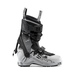 The La Sportiva Kilo XTR Women's ski touring boot, in silver and black, offers adjustable buckles and straps, a robust sole, high ankle support, and delivers top lightweight downhill performance.