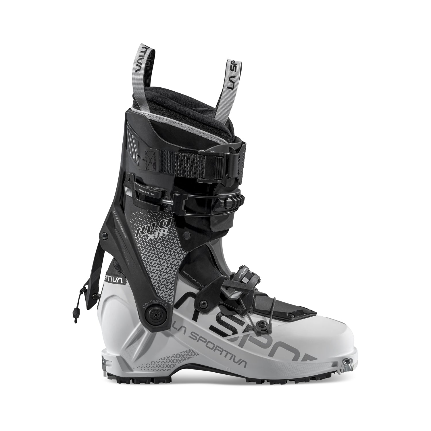 The La Sportiva Kilo XTR Women's ski touring boot, in silver and black, offers adjustable buckles and straps, a robust sole, high ankle support, and delivers top lightweight downhill performance.