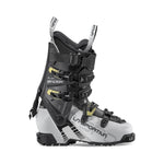 The La Sportiva Sender Women's alpine touring boot in grey, black, and yellow features multiple buckles and a high cuff, ideal for lightweight ski boot fans or freeride touring, shown against a white background.
