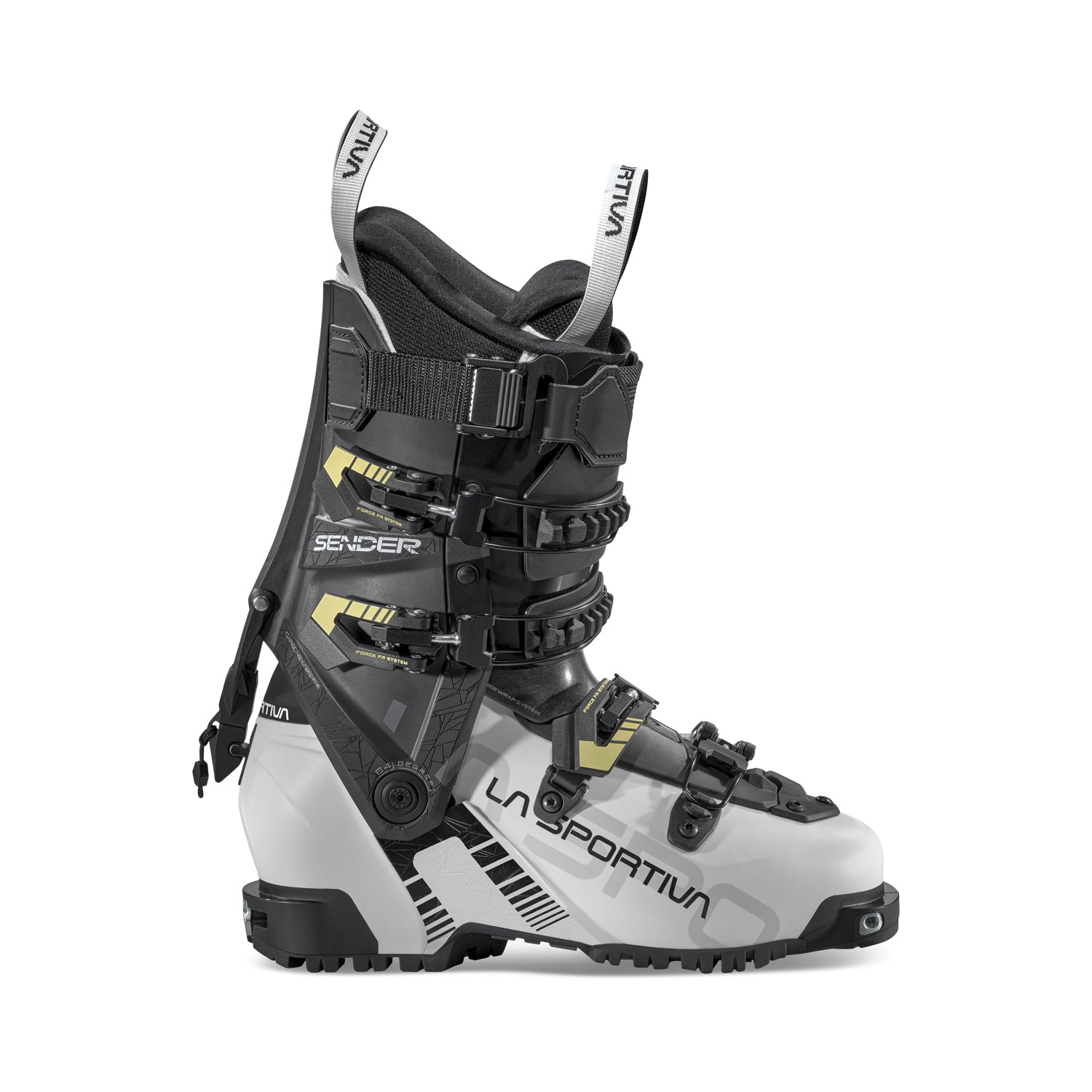 The La Sportiva Sender Women's alpine touring boot in grey, black, and yellow features multiple buckles and a high cuff, ideal for lightweight ski boot fans or freeride touring, shown against a white background.