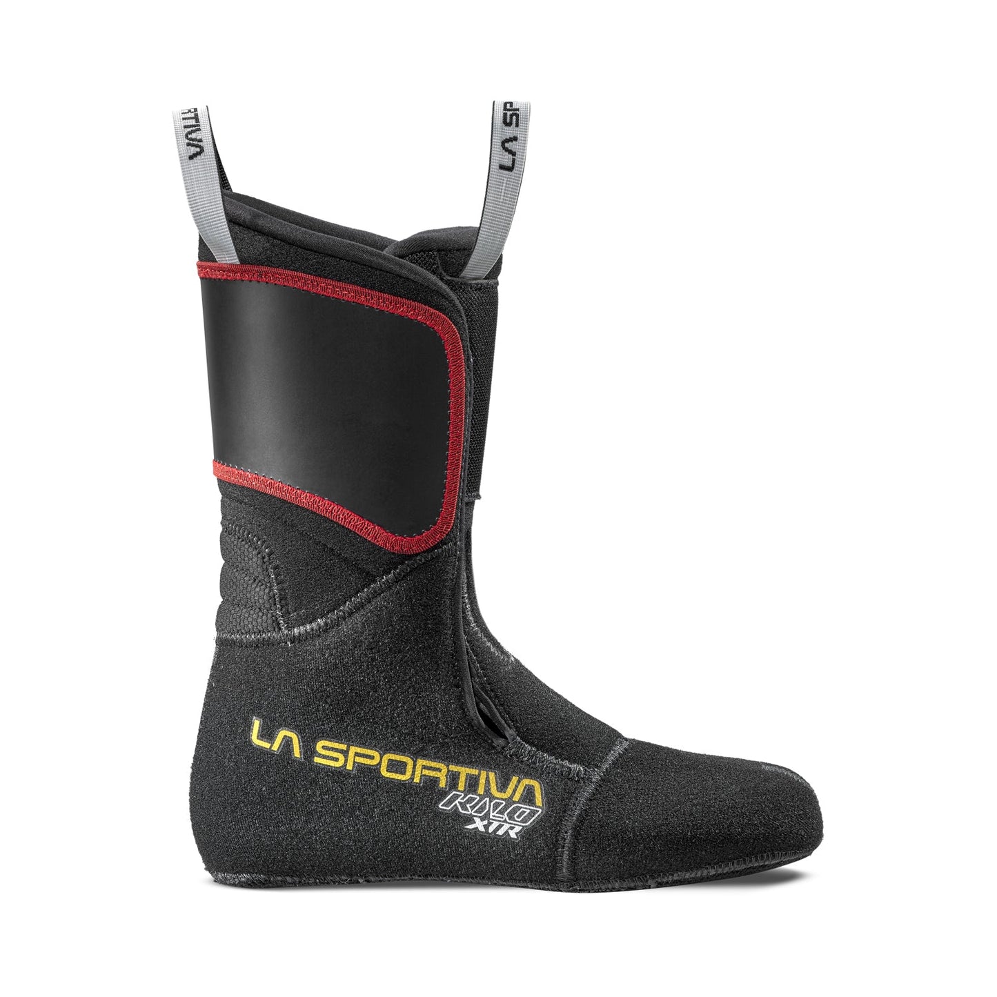 A black La Sportiva Kilo XTR Liner for ski mountaineering boots is shown with grey pull loops, red trim, and a yellow logo on the side against a white background—perfect as a replacement liner.