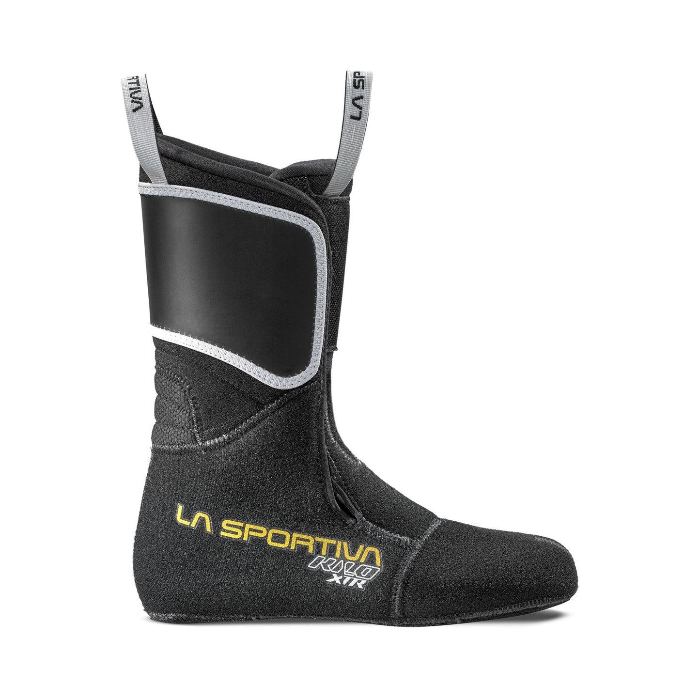 The La Sportiva Kilo XTR Liner Women's is a black liner for ski mountaineering boots with high ankles, two pull loops, yellow and white logos, a reinforced front panel, and overlapping closure—ideal as a replacement liner.