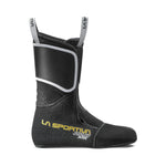 The La Sportiva Kilo XTR Liner Women's is a black liner for ski mountaineering boots with high ankles, two pull loops, yellow and white logos, a reinforced front panel, and overlapping closure—ideal as a replacement liner.