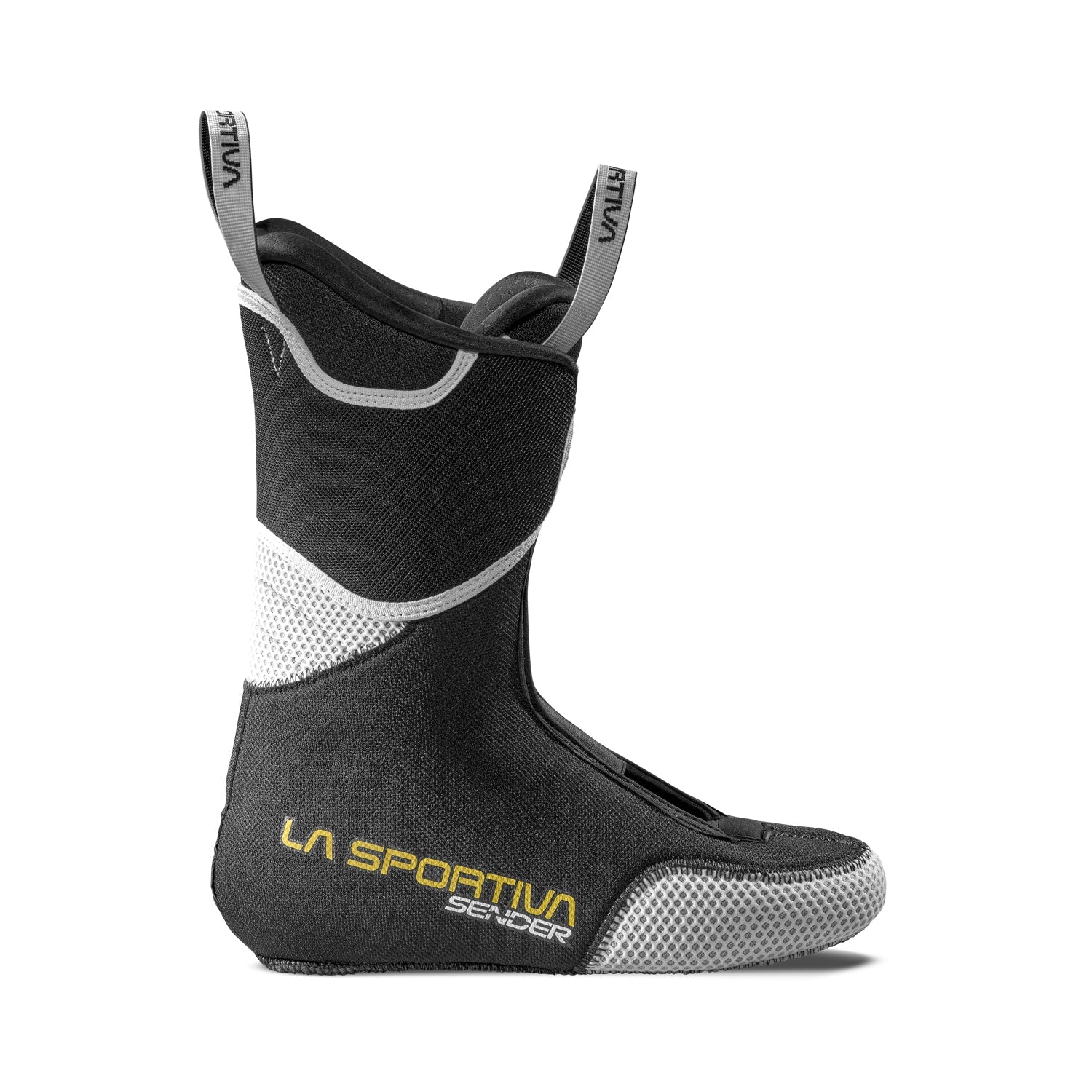 The Sender Liner Women's by La Sportiva is a black and gray alpine ski boot liner with pull loops and "LA SPORTIVA SENDER" in yellow, plus durable textured toe and heel—ideal as a replacement liner.