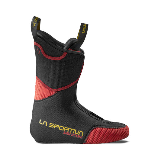 The La Sportiva Sender Liner, shown in side profile, is a black and red replacement liner for ski mountaineering boots with yellow branding, ergonomic design, and top loops for easy handling.