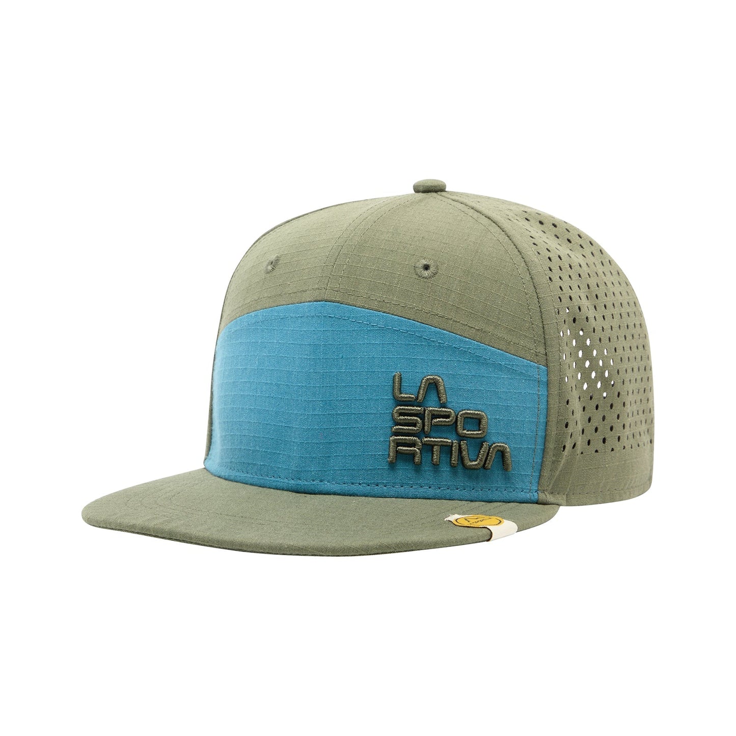 The La Sportiva Traverse Trucker is a blue and olive green snapback cap with perforated sides, an adjustable fit, and “La Sportiva” embroidered in gold on the blue front panel.