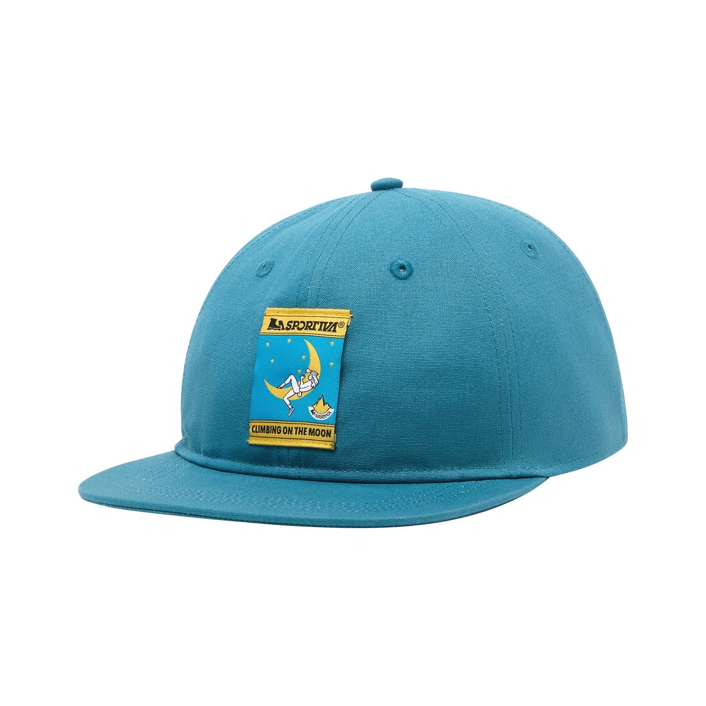 The La Sportiva Climbing on the Moon Hat is a teal flat-brim cap with a yellow front patch featuring a climber on the moon, the La Sportiva logo, and “CLIMBING ON THE MOON” text.