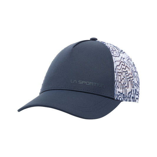 The La Sportiva Move Tech Hat is a dark blue cap for outdoor activities, featuring the La Sportiva logo on the front, a sweat-wicking band for comfort, and black-and-white patterned side and back panels.