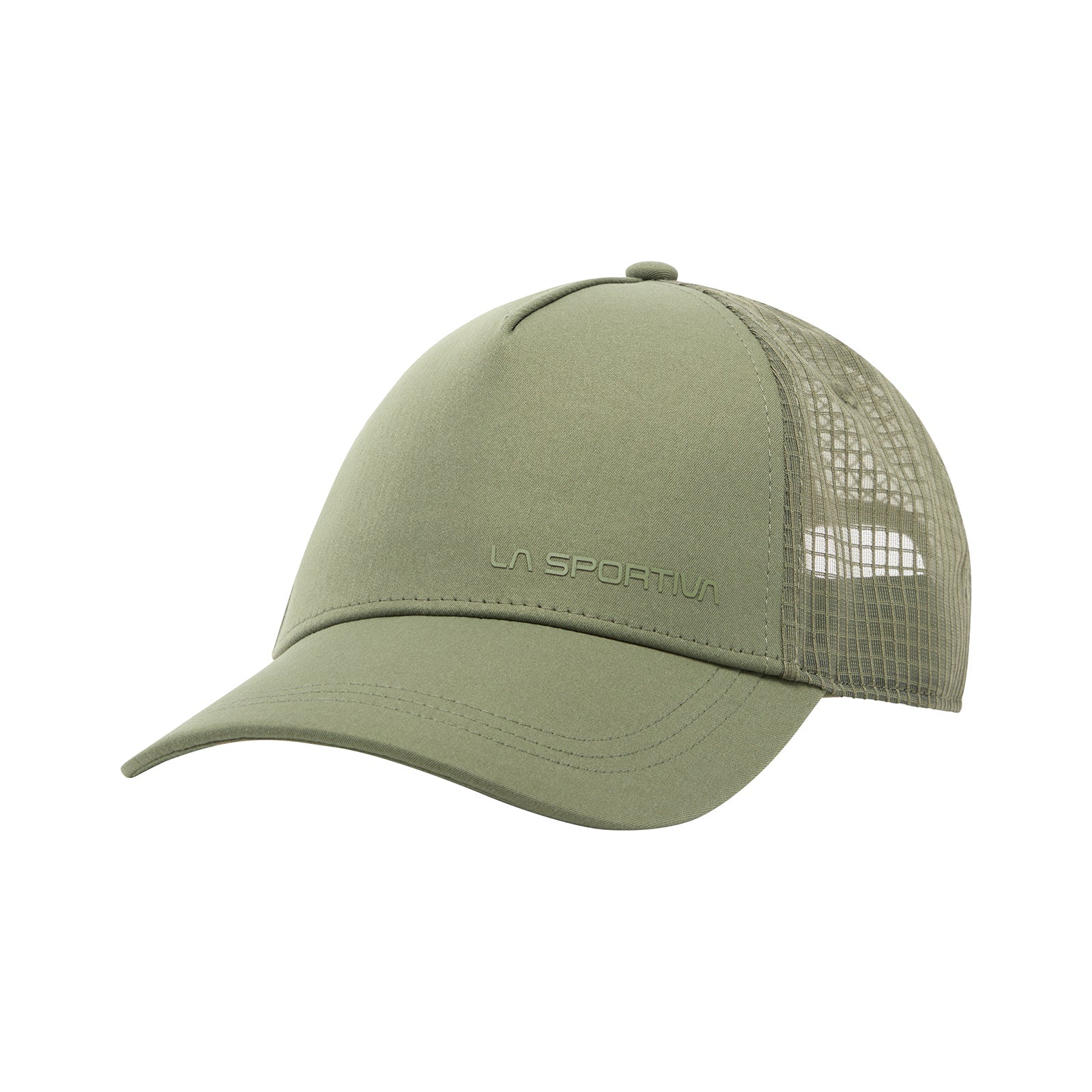 The La Sportiva Move Tech Hat is a light green hiking cap with a curved brim, mesh back panels, and a cooling sweatband. "LA SPORTIVA" is subtly embroidered on the front—perfect for outdoor adventures.