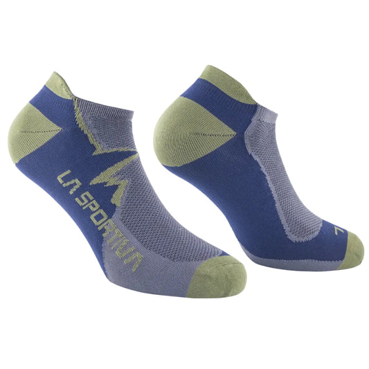La Sportiva Climbing Socks: ultra-light, low-cut athletic socks in blue and green with mountain graphics. Ergonomic fit and cushioned toes, heels, and ankles provide comfort for climbing.