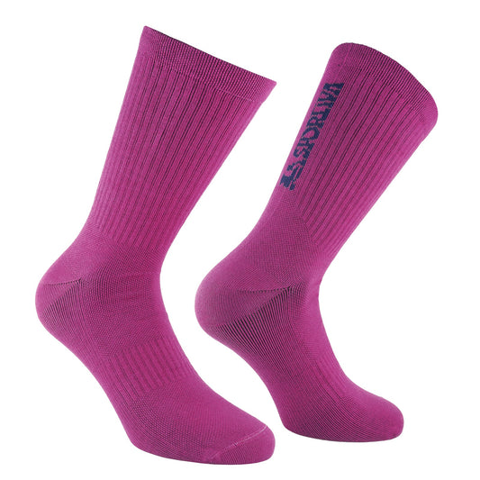 A pair of bright purple La Sportiva Outdoor Fun Socks, one shown from the side and one from the back, featuring "AIRSOFT" in black text on the calf and designed with anti-pilling material for climbing.