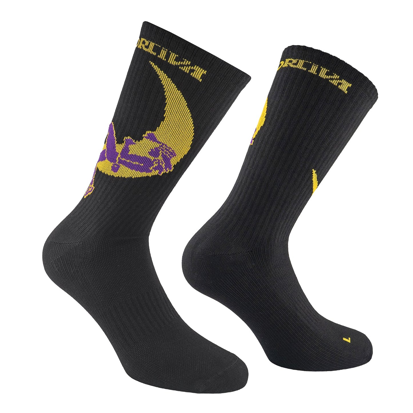 La Sportiva’s Climbing On The Moon Socks are black crew socks with a purple and yellow lizard and crescent moon graphic, plus yellow text at the cuff—perfect for fans of the brand.