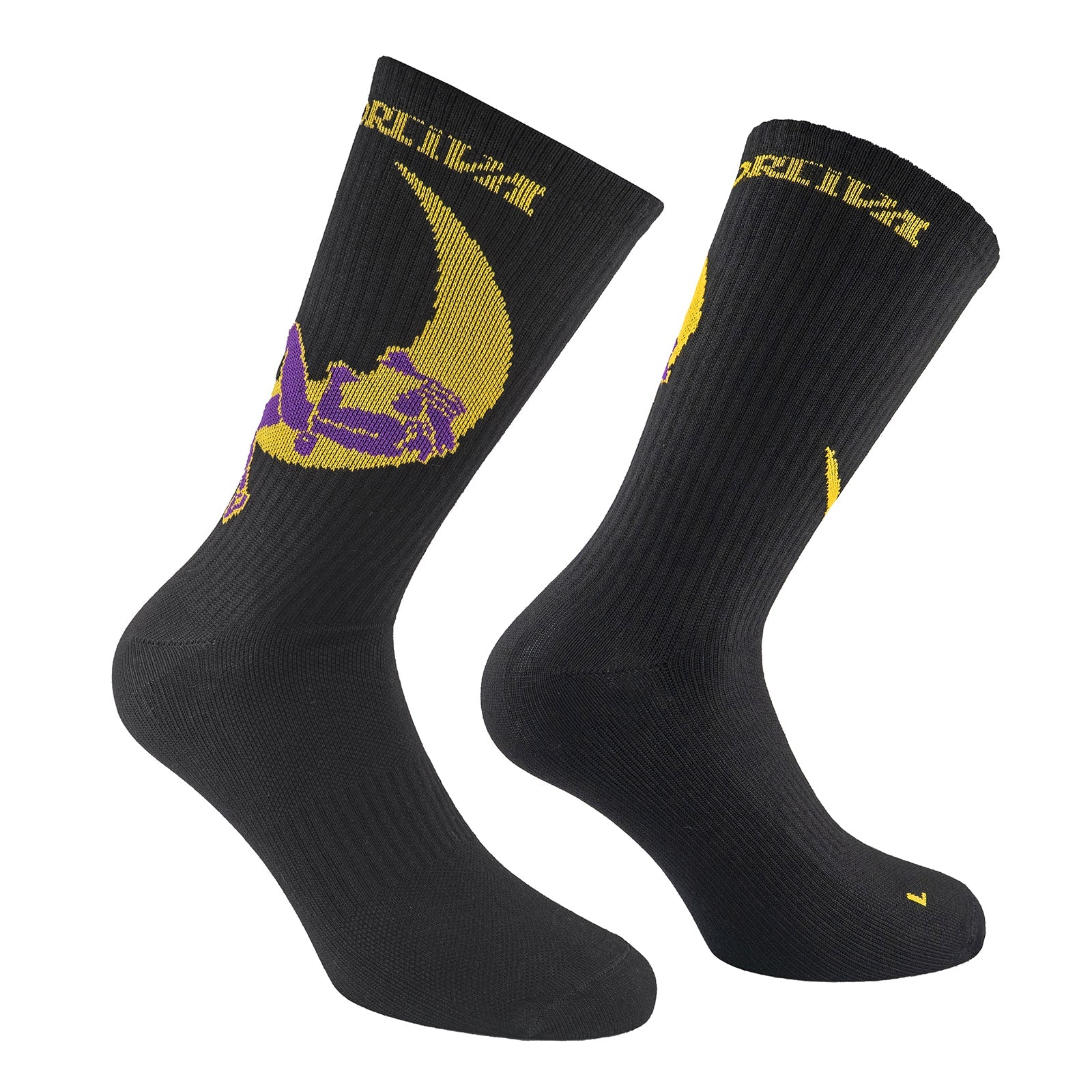La Sportiva’s Climbing On The Moon Socks are black crew socks with a purple and yellow lizard and crescent moon graphic, plus yellow text at the cuff—perfect for fans of the brand.