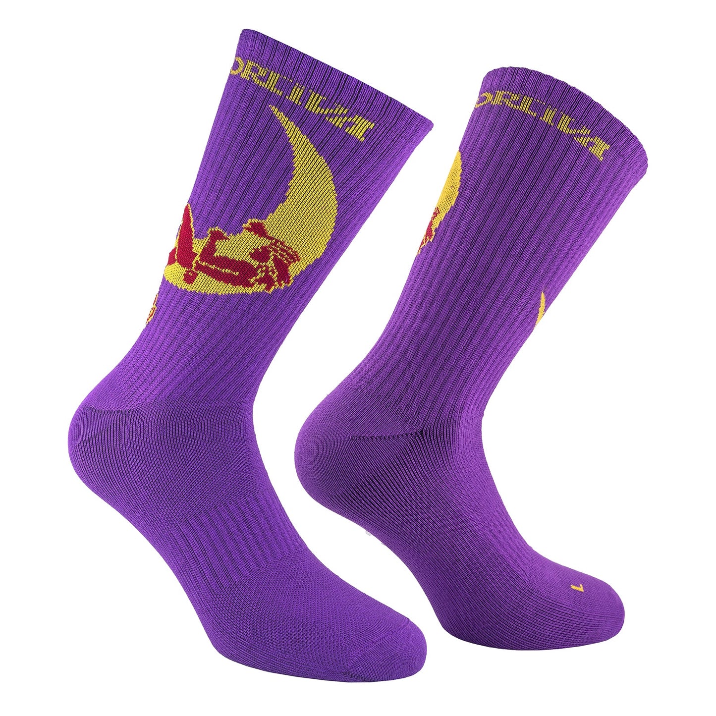 La Sportiva Climbing On The Moon Socks in purple, with a yellow crescent moon and red sword graphic on the side, shown against a white background.