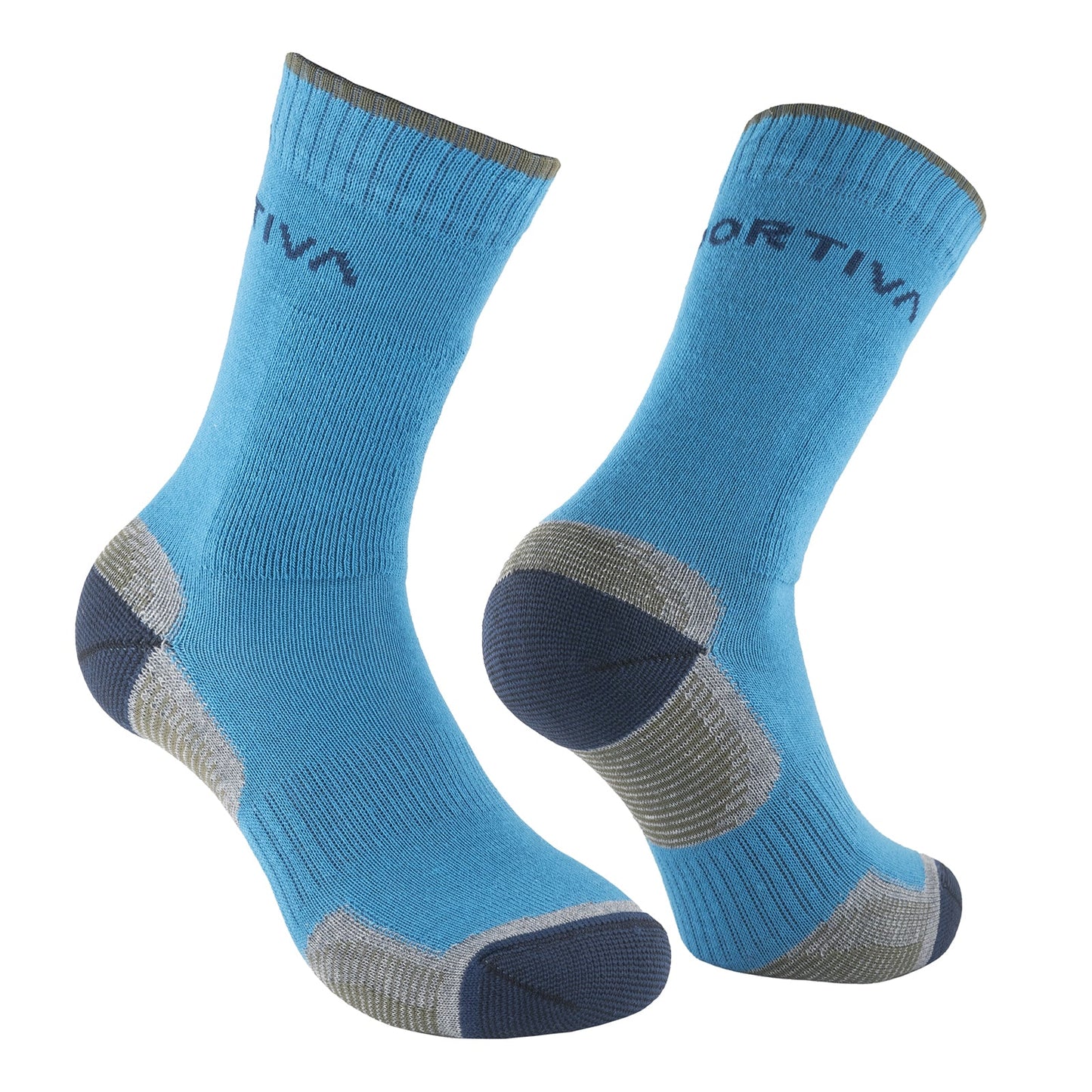 La Sportiva Kids Mountain Socks in blue feature gray accents on the heel, toe, and sole with dark blue lettering by the cuff. Made from organic cotton, they're shown upright and angled to highlight the sides and soles.