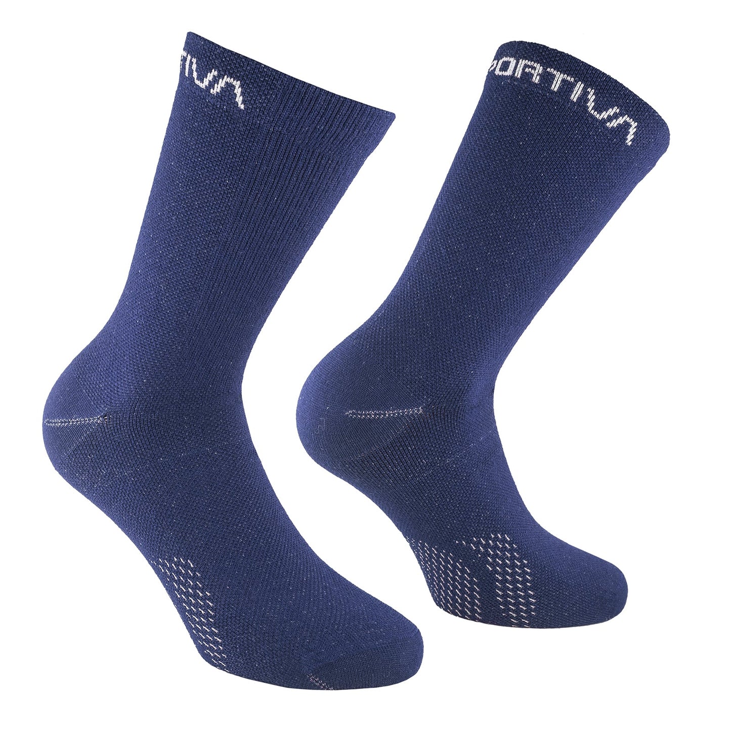A pair of blue La Sportiva Merino Hiking Socks with white text and small white patterns near the toes and ankles, shown against a white background.