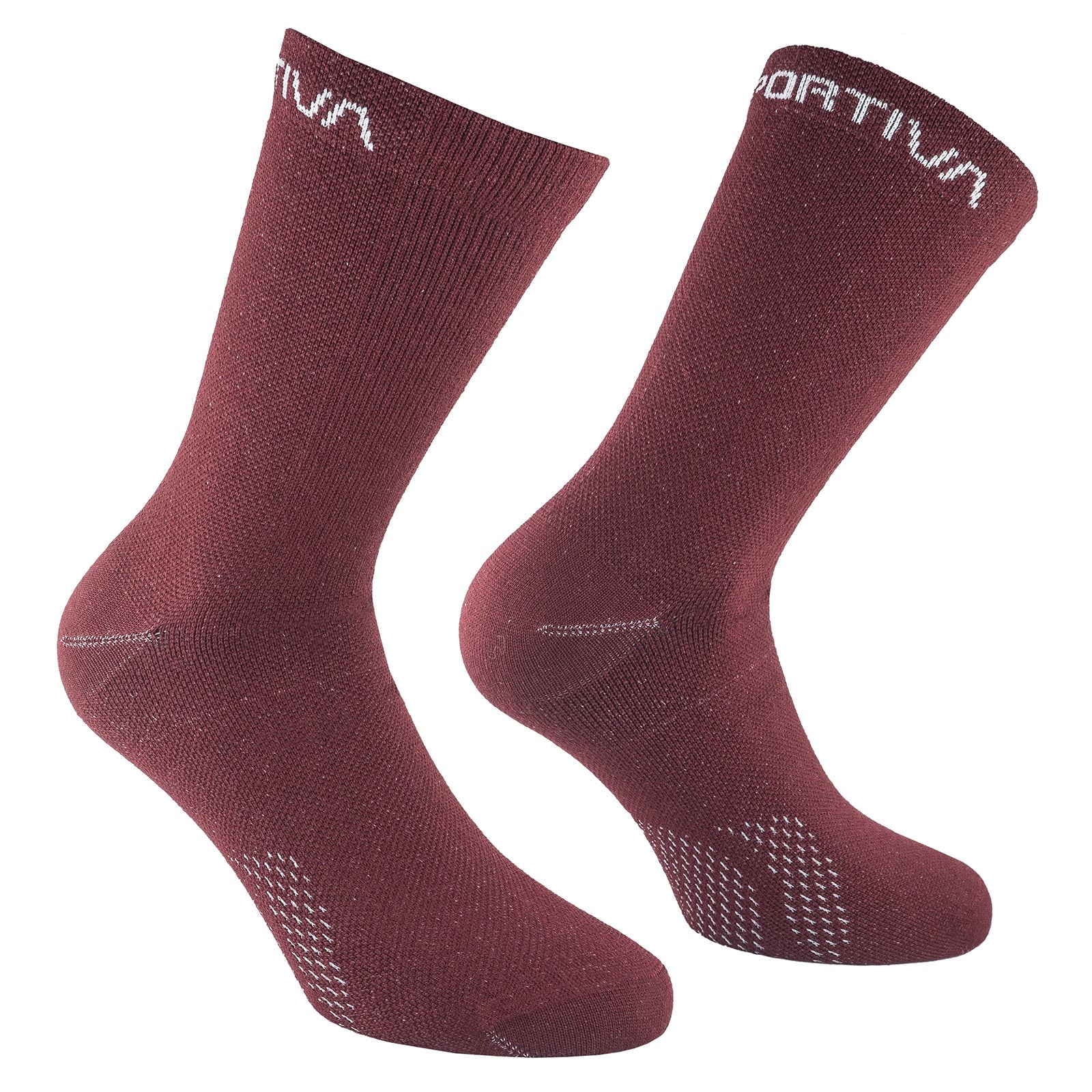 A pair of La Sportiva Merino Hiking Socks in maroon, featuring white text near the cuffs and white stitching on the toes and heels, displayed on a white background.