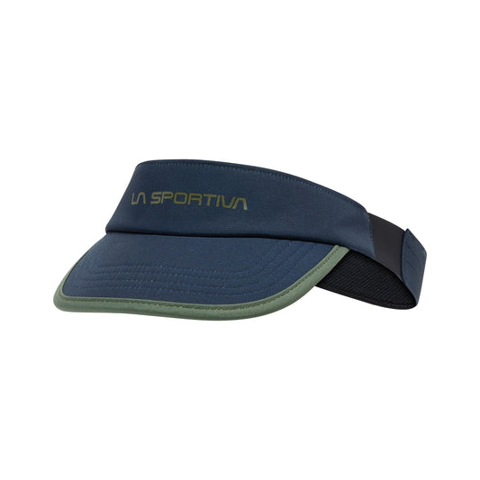 The La Sportiva Skyline Visor, shown on a white background, is blue and green with TurboDry moisture-wicking technology, a curved brim, and an adjustable black back strap.