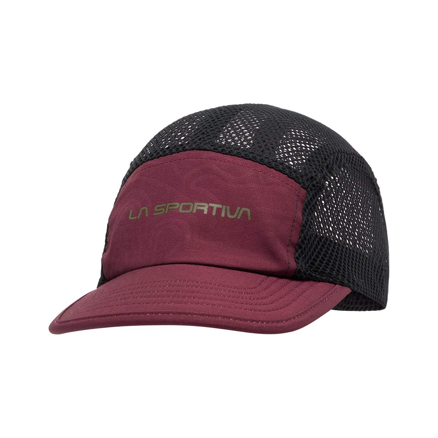 The La Sportiva Skyline Air Cap features a solid maroon front and brim, black mesh sides and back, and "La Sportiva" written in yellow-green on the front panel.