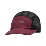 The La Sportiva Skyline Air Cap features a solid maroon front and brim, black mesh sides and back, and "La Sportiva" written in yellow-green on the front panel.